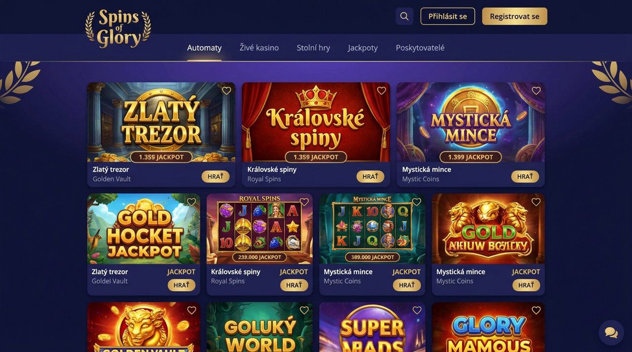 Úvodní stránka online kasina Spins of Glory s nabídkou automatů a živého kasina