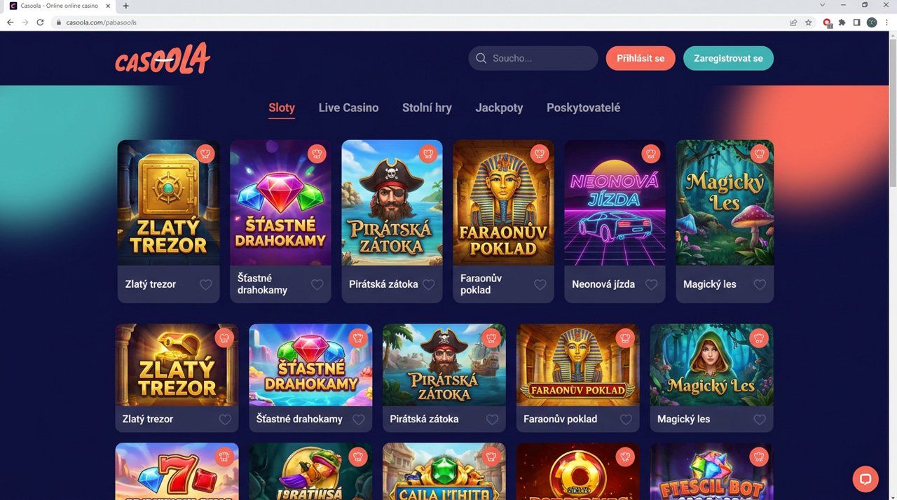 Úvodní stránka online kasina Casoola s nabídkou automatů a živého kasina