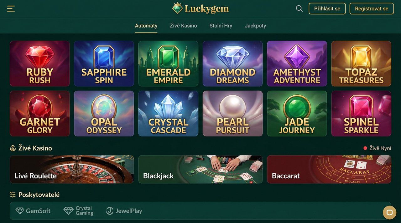 Úvodní stránka online kasina Luckygem s nabídkou automatů a živého kasina