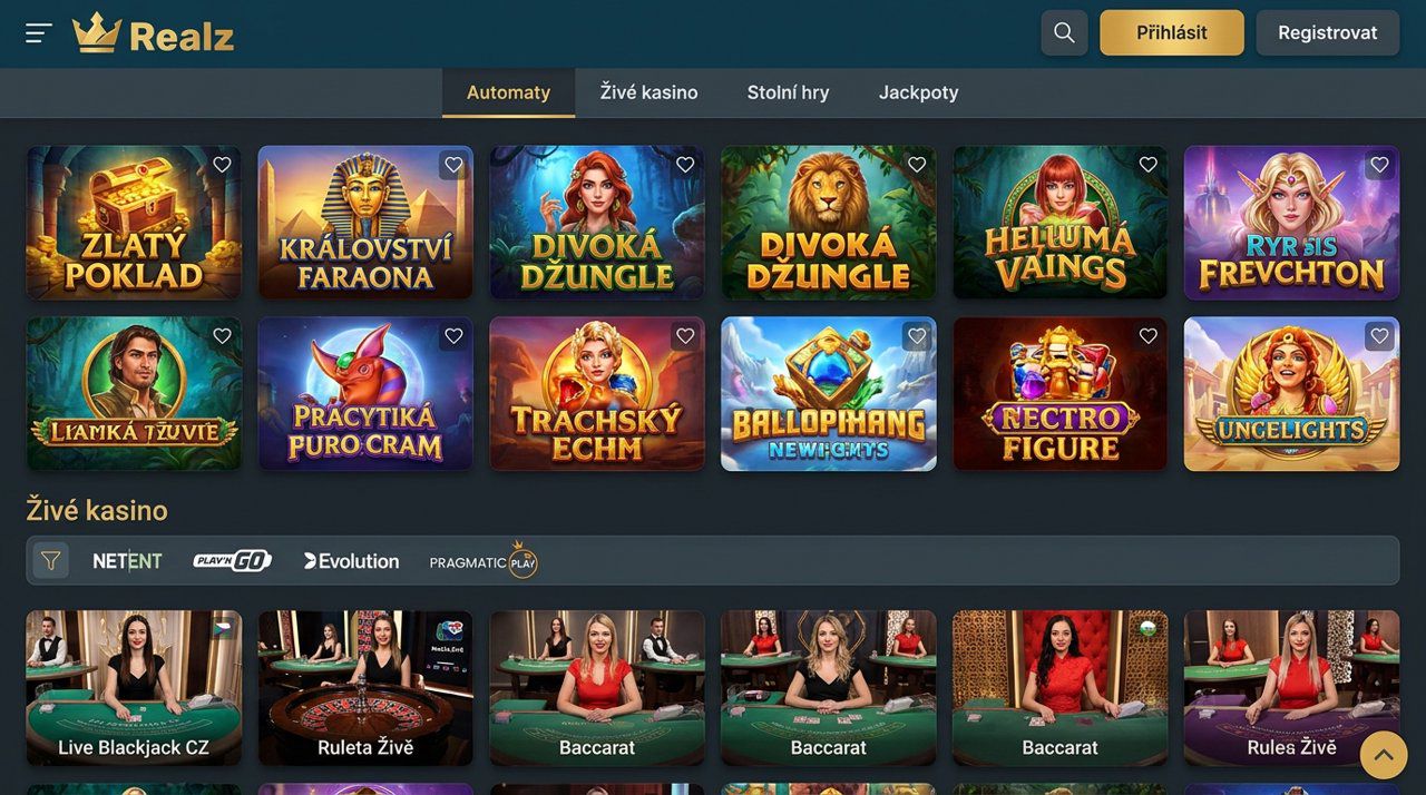 Úvodní stránka online kasina Realz s nabídkou automatů a živého kasina