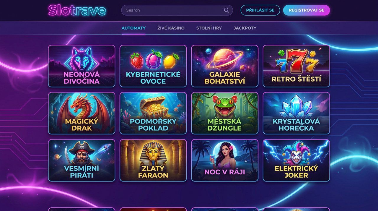 Ukázka hlavní stránky online kasina Slotrave s nabídkou automatů a živého kasina